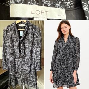 Loft Women’s Etched Floral Bow Flounce Dress Black/white Size MP NWT $89.95